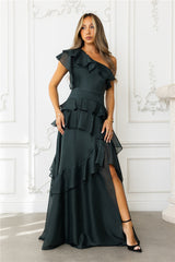 Autumn's Embrace One Shoulder Maxi Dress Hunter Green
