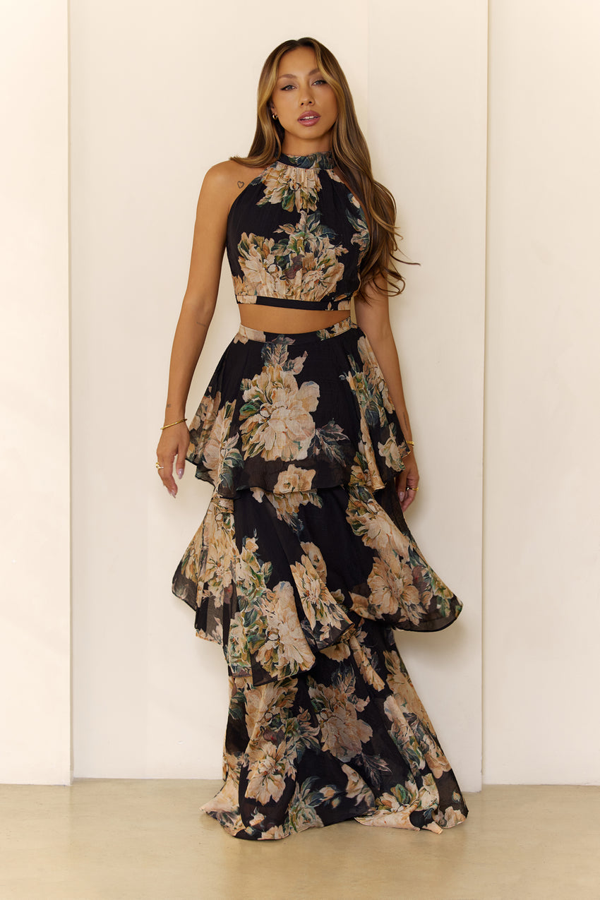 Bloom Soiree Halter Crop Tiered Maxi Set Black