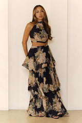Bloom Soiree Halter Crop Tiered Maxi Set Black