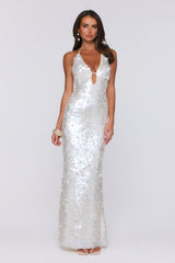 Sparkling Affair Sequin Halter Maxi Dress Ecru White