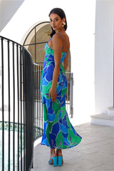 Patch Up Satin Maxi Dress Blue