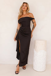 Nightfall Event Off Shoulder Satin Maxi Dress Black