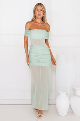 Dewdrop Dream Off Shoulder Mesh Maxi Dress Sage