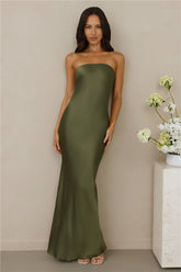 The Felicity Strapless Satin Maxi Dress Olive