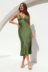HELLO MOLLY Bali Oasis Satin Midi Dress Olive