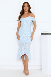 Botanical Embrace Off Shoulder Midi Dress Blue
