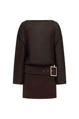 DARIA BOAT NECK MINI DRESS - CHOCOLATE