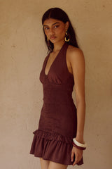 Fleur Shirred Halter Mini Dress - Chocolate