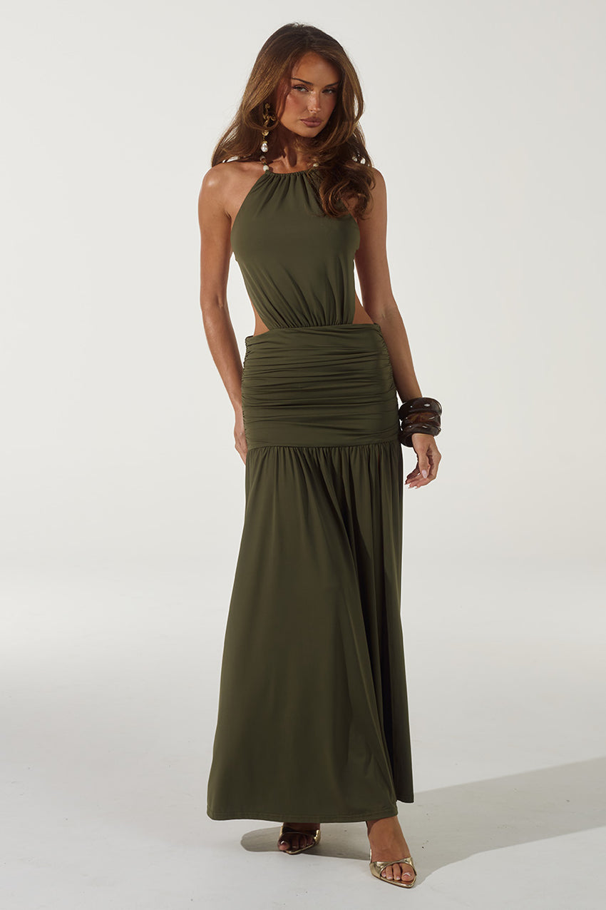 IMELDA HIGH NECK MAXI DRESS - OLIVE