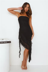 Social Status Strapless Mesh Frill Midi Dress Black