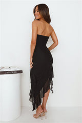 Social Status Strapless Mesh Frill Midi Dress Black