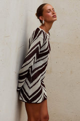 Mazie Long Sleeve Knit Mini Dress - Chocolate/Butter Cream