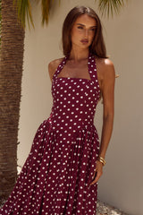 Sammi Halter Midi Dress - Wine/White Polka