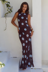 TERA HIGH NECK MAXI DRESS - CHOC/SKY BLUE POLKA