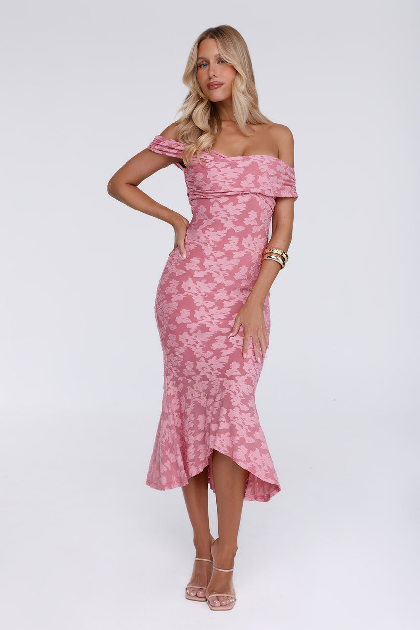 Botanical Embrace Off Shoulder Midi Dress Rose
