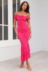 Tanisha Off Shoulder Mesh Midi Dress Pink