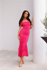 Tanisha Off Shoulder Mesh Midi Dress Pink