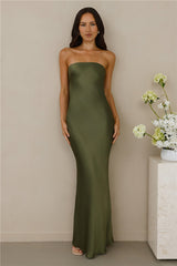 The Felicity Strapless Satin Maxi Dress Olive