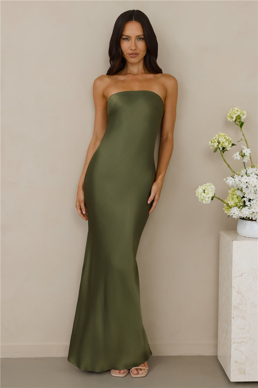 The Felicity Strapless Satin Maxi Dress Olive