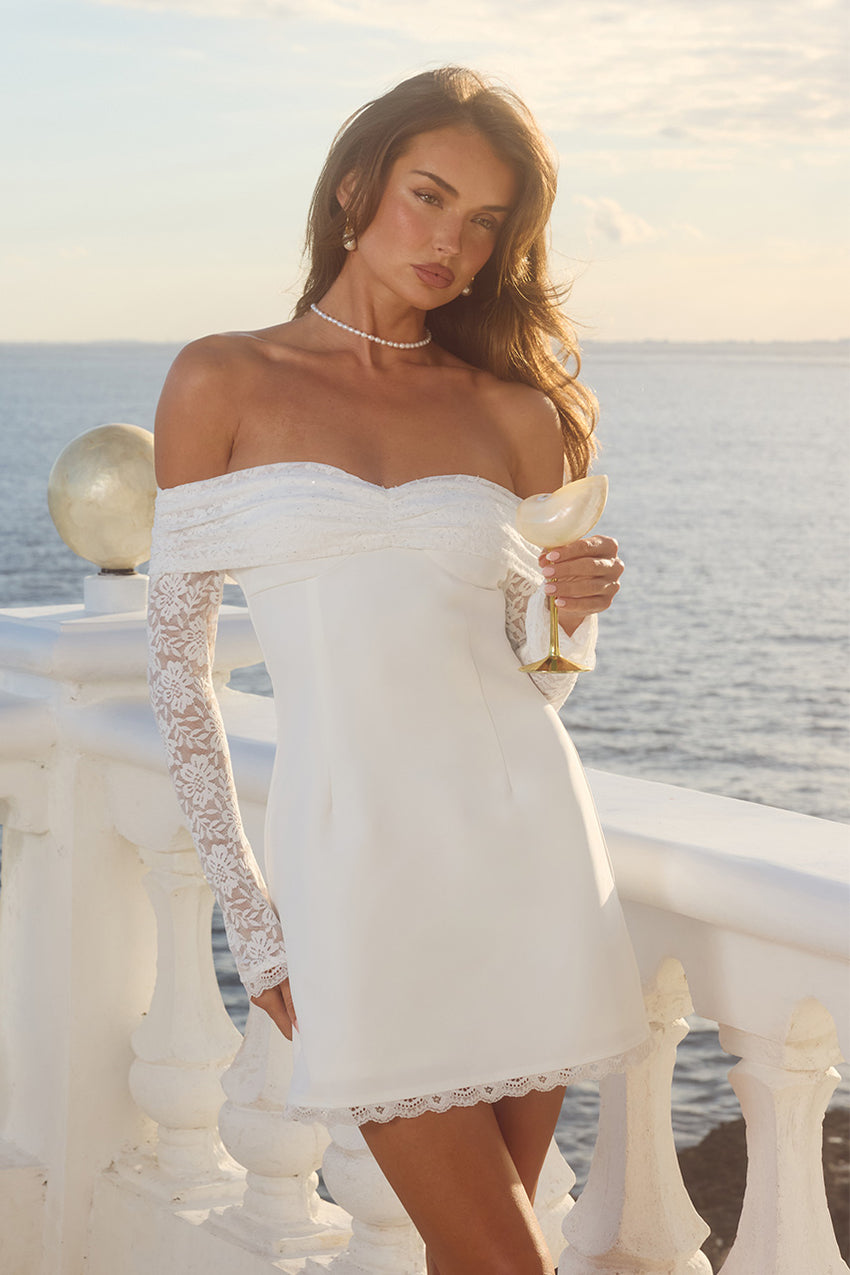 LEONA LACE LONG SLEEVE MINI DRESS - WHITE