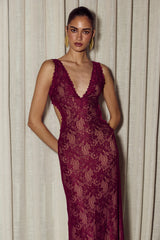 Maura Back Cutout Lace Maxi Dress - Wine