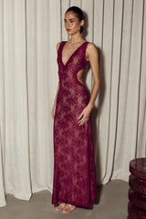 Maura Back Cutout Lace Maxi Dress - Wine