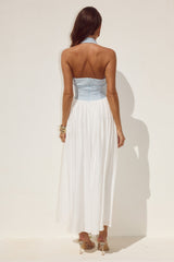 Sammi Halter Midi Dress - Sky Blue/White