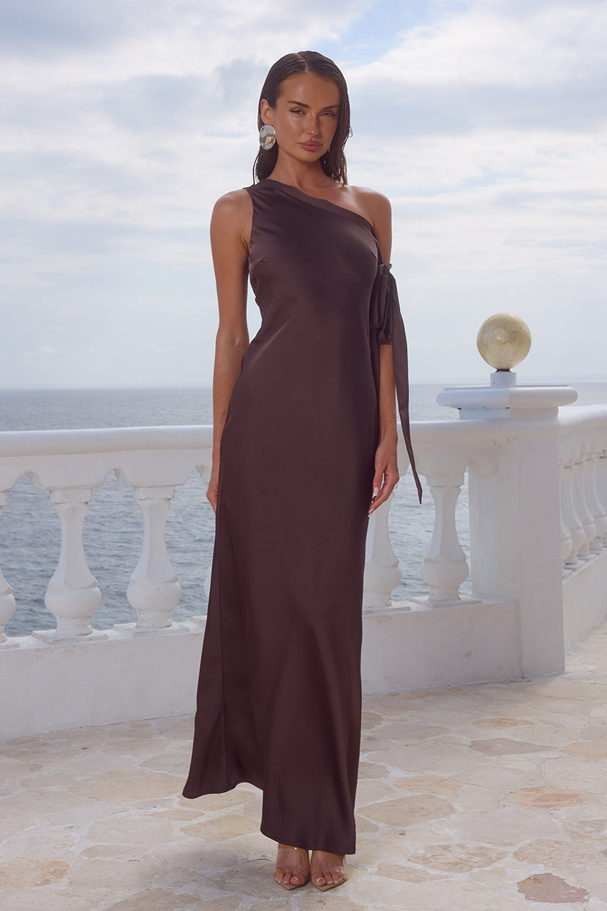 VIOLA ONE SHOULDER MAXI DRESS - BITTER CHOCOLATE