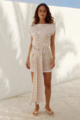 Zofia Boat Neck Knit Mini Dress - Sand/White