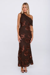 Next Level Chic Mesh One Shoulder Maxi Dress Brown