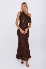 Next Level Chic Mesh One Shoulder Maxi Dress Brown
